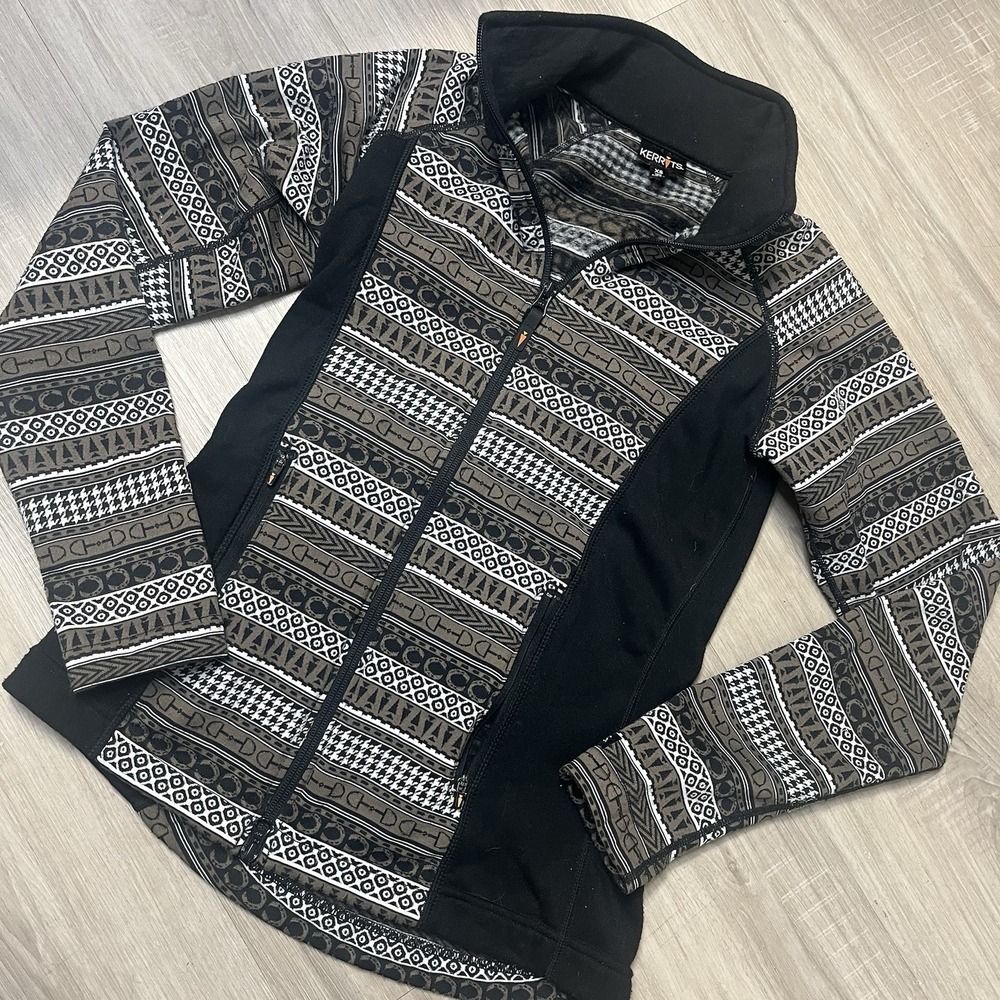 Kerrits Jacket Womens X-Small Brown Black Full Zip Fleece Equestrian Horse Print